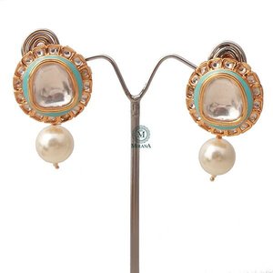 Gaurika 18K Gold Turquoise Pearl Polki Drop Earrings for Wedding & Engagement - Product Image 3
