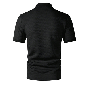 Camisa de punto jacquard texturizado para hombre, manga corta, cuello y puños en contraste, ribete con diseño griego, estilo casual elegante, servicio OEM - Product Image 2
