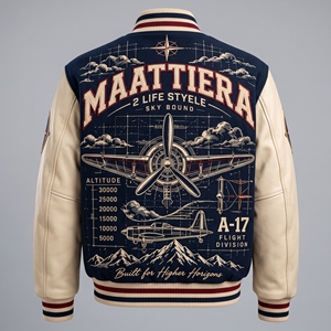 Blouson universitaire homme bleu marine avec manches en cuir crème, motif aviation brodé, fermeture à boutons-pression, style streetwear côtelé personnalisé - Product Image 1