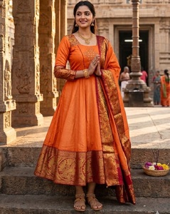 Orange Kurtis with Dupatta Set With <b>Gold</b> Kanchi Border Traditional Indian Wedding Outfit Women Ankle Length Regular Fit Kurtis - Product Image 1