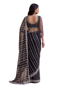 Sari élégant noir en résille avec broderie argentée, pour mariage et soirée, style Bollywood, longueur ras du sol, coupe classique pour femme - Product Image 5