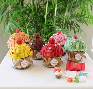 Eco Friendly Ramadan <b>Gift</b> Handmade Rattan Cupcake <b>Gift</b> <b>Boxes</b> In Multiple Colors With Cherry Toppers For Ramadan - Product Image 1