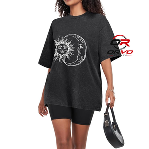 Camiseta Extra Grande para Mujer ORVO SPORTS, Cuello Redondo, Manga Corta, Diseño Floral Estampado, Algodón Lavado Negro, Estilo Casual - Product Image 1