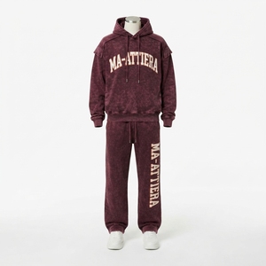 Conjunto de Sudadera con Capucha Oversize y Pantalones Anchos de Algodón Lavado Borgoña Personalizado, Estilo Urbano, Venta al por Mayor OEM ODM - Product Image 4