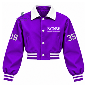 Chaqueta Universitaria Corta de Satén Morado para Mujer NCNW con Cuello en Contraste Blanco, Cierre de Botones a Presión y Escudo Bordado - Product Image 1