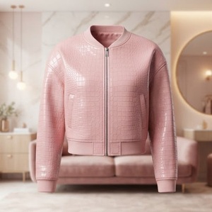 Pink Embossed Faux <b>Leather</b> <b>Bomber</b> <b>Jacket</b> <b>Women's</b> Full Sleeve Stand Collar Autumn Regular Length Zipper Closure - Product Image 1