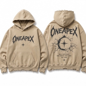 Sudadera con Capucha Extra Grande Color Beige Arena, Diseño Gráfico Desgastado, Estilo Urbano para Hombre, Algodón Grueso - Product Image 1