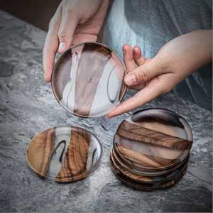 Handmade Round Wood Resin <b>Coasters</b> Olive Marble Acacia Bamboo Wood Pallet Marble Resin <b>Coaster</b> Holder Wood Inlay Non Mats Pad - Product Image 1