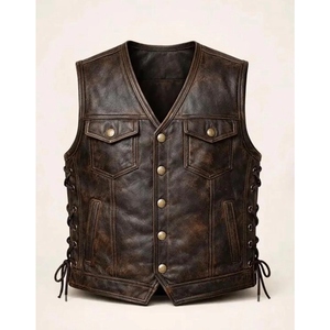 Chaleco de motociclista con cuello en V de cuero de vaca auténtico para hombre, con cierre de botones y cordones laterales, estilo vintage. - Product Image 1