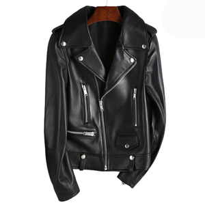 Women's Black Genuine Leather Moto Jacket Full Sleeve <b>Zipper</b> Closure Stand Collar Autumn Style - Product Image 1