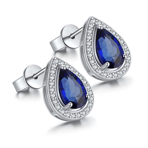 Pear Cut Blue 1.5 ct Diamond Earrings With White Diamond Halo <b>Silver</b> <b>Studs</b> For Women Wedding Classic Style Jewelry - Product Image 6