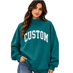Women's Customized Logo Embroidered Front Casual Style <b>Drop</b> Shoulder Knitted Fleece Oversized Mock Neck Sweatshirt - Product Image 1