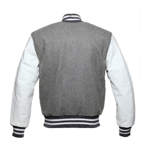 Blouson bomber varsity gris avec manches blanches, blouson Letterman avec manches en cuir, blouson varsity personnalisé en cuir. - Product Image 3
