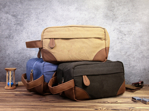 Double Zipper Canvas Leather Dopp Kit Custom Logo <b>Mens</b> Travel Toiletry Bag Waterproof Shaving Organizer <b>Pouch</b> LCTB-0052 - Product Image 1
