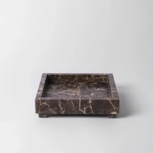 Plateau carré en marbre brun Pietra, plateau de service décoratif en pierre naturelle, plateau de service de luxe pour la décoration de la maison - Product Image 4