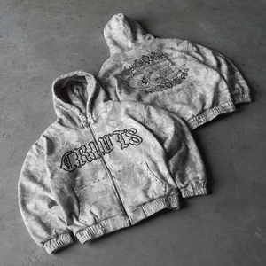 Custom Oversized Distressed Washed Embroidery Patch French Terry Cotton Como Print Zipper Hoodies Men Shorts <b>Set</b> - Product Image 6