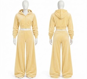 Ensemble de survêtement pour femme en velours rouge, avec haut court zippé à capuche et pantalon large, deux pièces, 100% coton anti-boulochage, hiver - Product Image 3