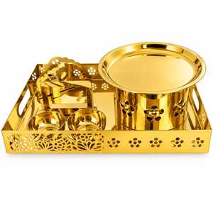 Gold-Plated Stainless Steel Modern <b>Plant</b> Floral Pattern Rectangle Rope Multi-Functional Serving <b>Tray</b> Set Bowl Condiment Dishes - Product Image 1
