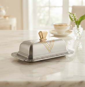 Beurrier rectangulaire en argent avec couvercle incrusté d'or, design hermétique, vaisselle de cuisine, utilisation pour les fêtes - Product Image 1
