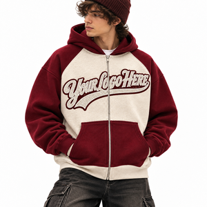 Blouson à capuche color block tendance, coupe oversize, style streetwear urbain, sweat-shirt zippé avec appliqué texturé et logo personnalisé, offre B2B - Product Image 1