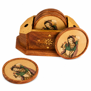Handcrafted Wooden Tea <b>Coaster</b> Set | Indian Decorative Wood <b>Drink</b> <b>Coasters</b> with Holder - Product Image 1