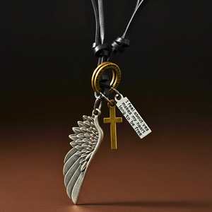 CROSSWING RELIC 3-Inch Pure Stainless Steel Religious Pendant with Natural Stone & Adjustable Leather <b>Rope</b> for Men and Boys - Product Image 2