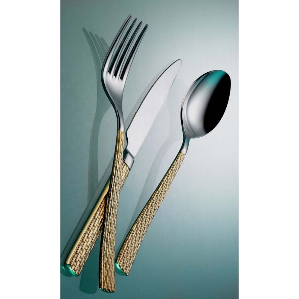 Creative Reusable Dinnerware Stainless Steel Designer Gold Matt Net Work Design Handle Knives and Spoon Fork Set Gold Cutlery