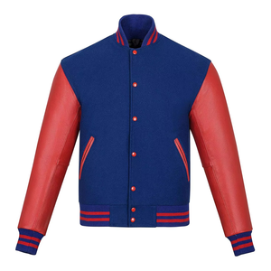 Men's Blue Red Varsity Jacket Pu Leather Sleeve Stand Collar Preppy Style Autumn Casual <b>Button</b> Closure Regular Fit - Product Image 1