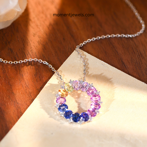 Luxury <b>Rainbow</b> <b>Lab</b> Grown Gemstone Pendant Necklace 925 Sterling Silver Cable Chain U Shape Bubble Pattern Solid Silver Colorful - Product Image 5