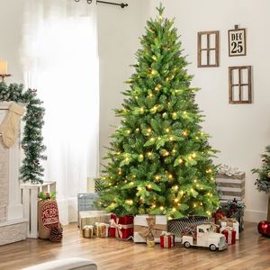 Sapin de Noël pré-éclairé unique de 7 pieds avec 1692 pointes de branches, 450 LED blancs chauds, en PE et PVC, support métallique inclus - Product Image 1