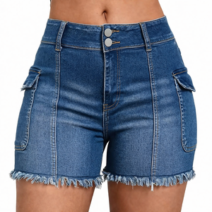 Shorts de Mezclilla para Mujer de Alta Calidad, Lavado Claro, Cintura Alta, Dobladillo Deshilachado, Ropa Casual, Venta al Por Mayor, Impresión de Logotipo Personalizado, OEM - Product Image 2
