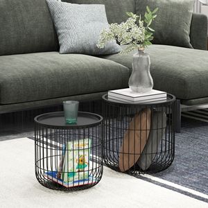 Black Nest of <b>Coffee</b> <b>Tables</b> with Steel <b>Wired</b> Basket Body and Removable Slate Top Center <b>Table</b> for Living Room - Product Image 2