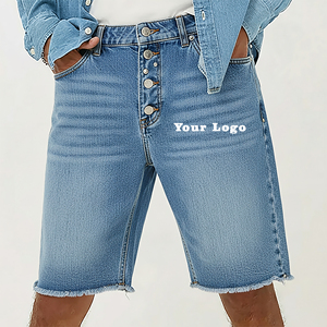 OEM/ODM Pantalones Cortos de Mezclilla para Hombre, 100% Algodón, 14 OZ, con Dobladillo sin Rematar, Lavado Vintage, Cierre de Botones, Estilo Hip Hop, Venta Caliente - Product Image 1