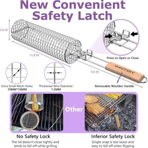 Cestello per Griglia da Esterno con Manico Rimovibile, Rete Anti-Scottatura in Acciaio Inox, Griglia Rotante per Carne, Accessori BBQ - Product Image 2
