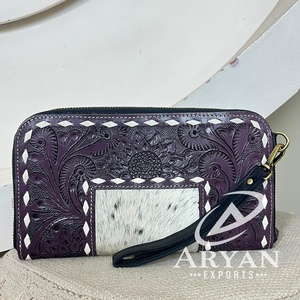 Handcrafted Stylish Full Tooled Genuine Cowhide Fur Leather Women <b>Zip</b> Clutch Purse Card Holder Travel Multi Uese Western <b>Wallet</b> - Product Image 1