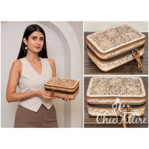 Caja de Joyería de Cuero Repujado a Mano Estilo Western, Elegante Organizador de Viaje de Cuero Genuino de Vaca para Anillos, Pendientes y Accesorios - Product Image 1