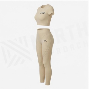 Ensemble de yoga 2 pièces North Approach : Crop top et leggings longs, beige uni, sans coutures, taille haute, vêtements de sport - Product Image 3