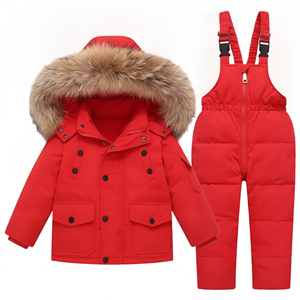 Premium Kids Red Winter Snowsuit Set Thick <b>Fur</b> Hooded Down Jacket and Padded Bib Pants for Boys and Girls Skiing - Product Image 6