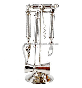 Factory Direct Stainless Steel Bar Tools Set with Brown Leather Handles Polished <b>Metal</b> for Hotel Ambience Lifestyle - Product Image 4