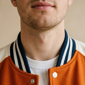 Veste universitaire pour homme, orange et blanche, style décontracté, col montant, fermeture à boutons, vêtement d'hiver, 100% laine, logo sur le devant - Product Image 3