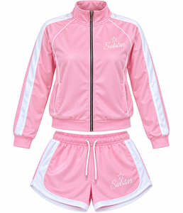 <b>Women</b>’s Pink 2 Piece <b>Tracksuit</b> Set Custom Sportswear Jacket & Shorts Set Ladies Casual Athletic <b>Tracksuit</b> with White Stripes - Product Image 1