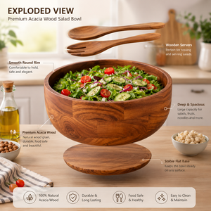 <b>Large</b> Acacia Wood Salad <b>Bowl</b> | Solid Wood Handcrafted BPA Free Uncoated Dining <b>Serving</b> <b>Bowl</b> with Spoon & Fork - Product Image 3