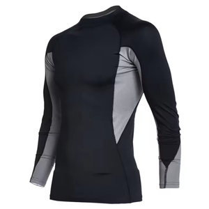 Men's Long Sleeve Rash Guard Black Gray Color Blocked Quick Dry Polyester Compression Shirt - Product Image 3