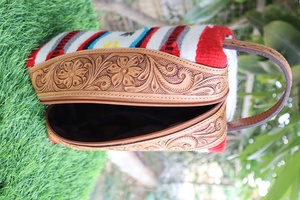 Toiletry Hand Tooled Saddle Blanket Fabric Genuine Leather Western Women Bag Handbag Purse Wholesale Aztec <b>Shaving</b> <b>Kits</b> - Product Image 6