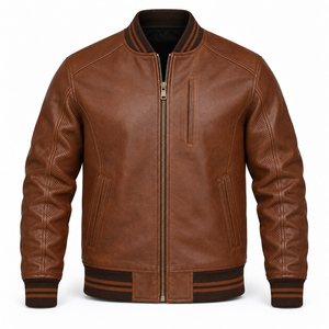Blouson aviateur en cuir marron pour homme avec panneaux perforés, col et poignets côtelés et fermeture éclair sur le devant - Product Image 1