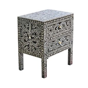 Mesita de noche moderna de lujo con incrustaciones de hojas florales negras y dos cajones hechos a mano, mesita de noche decorativa de Capiz para dormitorio - Product Image 2
