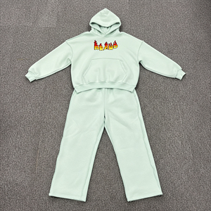 ชุดเสื้อฮู้ดสีเขียวมิ้นท์สำหรับผู้ชาย ลายพิมพ์โลโก้เปลวไฟ ชุดลำลอง 2 ชิ้น ชุดวอร์มสำหรับฤดูใบไม้ร่วง - Product Image 1