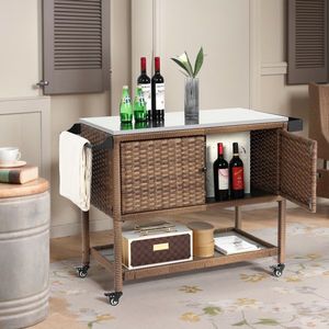 Carrello Bar da Esterno in Vimini con Ruote, Tavolo Bar Rotante in Rattan con Piano in Vetro, Arredamento per Veranda e Patio per Servire il Vino - Product Image 1