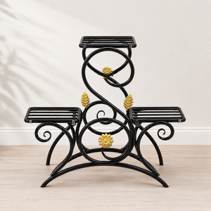 Black Metal 3 Tier Decorative <b>Plant</b> Stand with Gold Flower Accents Indoor Flower Pot Rack for Home Garden Display Holder - Product Image 1
