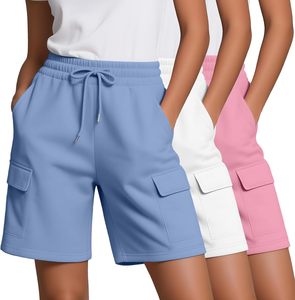 Women's Shorts Solid Color Cargo Shorts Mid Waist Drawstring Knitted Loose Fit Casual Pockets Breathable Summer Wear Shorts ODM - Product Image 1